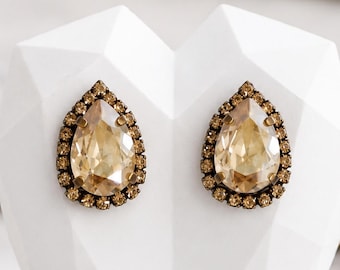 Champagne Crystal Teardrop Stud Earrings, Chamagne Bridal Classic Wedding Earrings, Golden Beige Crystal Wedding Jewelry
