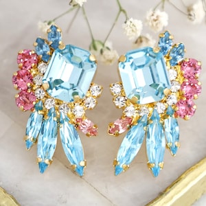Blaue rosa Kristallohrringe, Aquamarin Cluster handgemachte Ohrringe, Brautjungfern Ohrringe, Aquamarin rosa Kristall Braut Ohrstecker