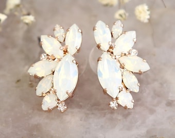 Bridal Clip On Earrings, Bridal Opal Earrings, Clip On Earrings, White Opal Crystal Stud Earrings, Bridesmaids Clip On Opal Earrings