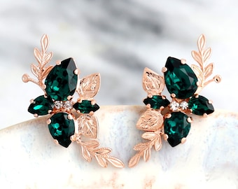 Emerald Earrings, Bridal Emerald Earrings, Climbing Emerald Green Earrings, Emerald Green Emerald Leaf Stud Earrings, Climbing Earrings