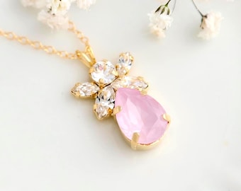 Powder Pink Bridal Necklace, Dusty Rose Pink Crystal Necklace, Bridesmaids Crystal Necklace, Gift for Woman, Light Pink Crystal Necklace