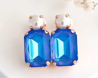 Blue White Crystal Stud Earrings, Electric Blue Crystal Earrings, Blue and White Pearl Crystal Earrings, Beach Wedding Earrings, Gift to Her