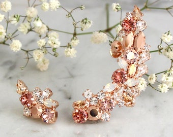 Climbing Earrings, Blush Bridal Ear climbing Earrings, Rose Gold Crystal Ear Crawlers, Bridal Blush Crystal Earrings, Ear Cuff Earrings