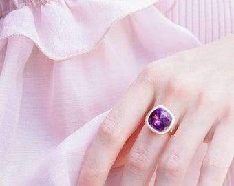 Purple Gold Ring, Purple Cocktail Ring, Purple Crystal Adjustable Ring, Amethyst Crystal Ring, Gift For Her, Amethyst Silver Adjustable Ring