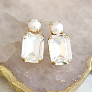 Bridal Classic Crystal Earrings, Pearl Crystal Stud Earrings, Emerald Cut Crystal Pearl Stud Earrings, Bridesmaids Earrings, Gift For Her