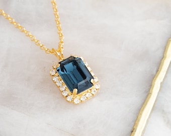 Blue Navy Crystal Necklace, Sapphire Blue Bridal Crystal Necklace, Bridal Blue Navy Emerald Cut Necklace, Bridesmaids Blue Navy Necklace