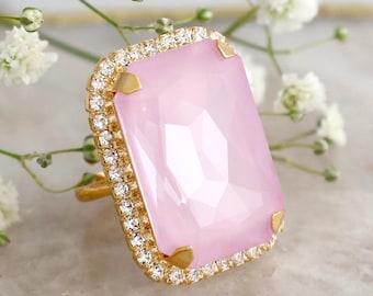 Pink Crystal Cocktail Ring, Cocktail Crystal Pink Ring, Light Pink Statement Ring, Adjustable Cocktail Ring, Pale Pink Crystal Ring.