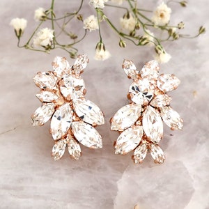 Bridal Earrings, Clear Crystal Bridal Cluster Earrings, Bridal Cluster Crystal Earrings, Crystal Stud Earrings, Bridal Rose Gold Earrings Rose Gold