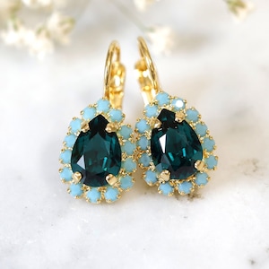 Emerald Crystal Drop Earrings, Blue Green Crystal Bridal Lever Back Earrings, Bridesmaids Earrings, Green Emerald Drop Crystal Earrings