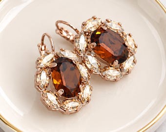 Smoked Topaz Embellished Swarovski Crystal Earrings, Bridal Brown Crystal Champagne Halo Drop Earrings, Vintage Autumn Wedding Jewelry