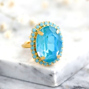 Blue Turquoise Ring, Blue Crystal Cocktail Ring, Blue Lagoon Statement Crystal Ring, Blue Adjustable Crystal Ring, Turquoise Oval Ring