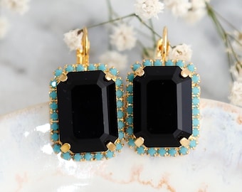 Zwarte drop kristallen oorbellen, zwart blauwe OOSTENRIJKSE kristallen oorbellen, Emerald Cut zwarte oorbellen, zwarte bruiloft sieraden, cadeau voor vrouwen
