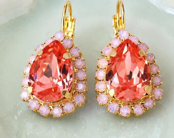 Coral Peach Drop Earrings, Bridal Coral Orange Drop Crystal Earrings, Bridesmaids Peach Earrings, Gift for woman, Peach Crystal Earrings
