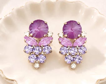 Pendientes de novia de cristal morado, pendientes de racimo violeta morado, pendientes de cristal morado lavanda, joyas moradas iris para damas de honor