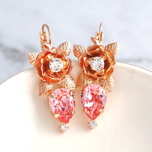 Pink Crystal Earrings, Pink Rose Crystal Earrings, Flower Bridal Earrings, Floral Crystal Pink Drop Earrings, Gift For Her