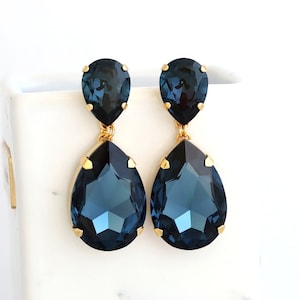 Blue Navy Statement Long Earrings, Blue Navy Chandelier Earrings, Bridal Blue Crystal Earrings, Navy Blu7e Crystal Oversize Earrings. image 1