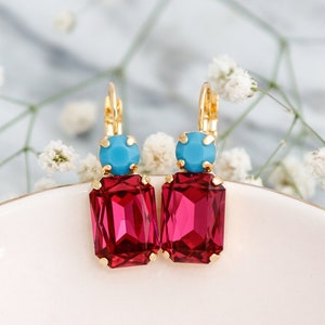Pink Blue Drop Earrings, Fuchsia Turquoise Earrings, Fuchsia Crystal Earrings, Octagon Pink Earrings, Bridesmaids Earrings, Pink Earrings