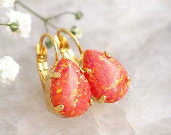 Orange Fire Opal Drop Earrings, Orange Australian Opal Pear Teardrop Earrings, Opal Earrings, Small Leverback Earrings, October Birthstone