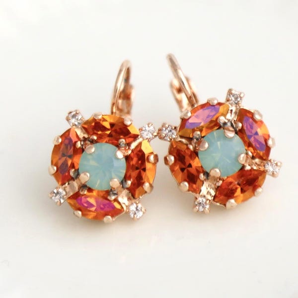 Orange Green Crystal Earrings, Burnt Orange Lever Back Earrings, Tangerine crystal Embellished with Swarovski Bridesmaids Earrings