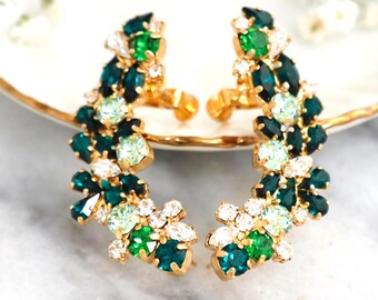 Climbing Earrings, Green Bridal Ear climbing Earrings, Emerald Green Crystal Ear Crawlers, Bridal Green Crystal Earrings, Ear Cuff Earrings