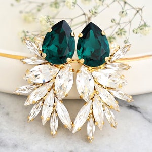 Emerald Green Earrings, Bridal Emerald Earrings, Green Big Bridal Earrings, Green Statement Earrings, Oversize Emerald Crystal Gold Earrings