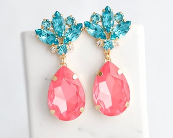 Pink Aqua Blue Statement Long Earrings, Dahlia Pink Turquoise Crystal Chandeliers, Pink Earrings, Oversized Chandelier Crystal Earrings