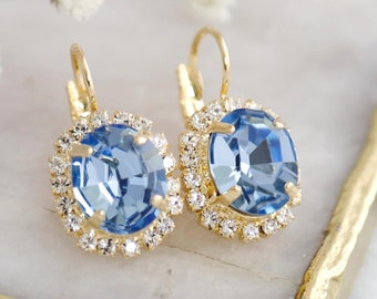 Boucles D'oreilles Pendantes Argent 925 - Fleurs Avec Cristal Bleu Ciel - Occasion