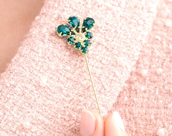 Emerald Green Crystal Lapel Pin, Green Emerald Crystal Pin, Groom Lapel Pin, Dark Green Jacket Pin, Bridal Boutonniere Pin
