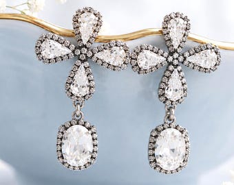 Bridal Statement Crystal Chandelier Earrings, Oxidized Silver Bridal Long Chandelier Earrings, Oversized Earrings, Wedding Earrings