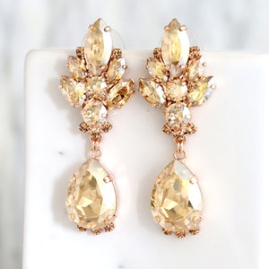 Champagne LONG Earrings, Bridal Gold Earrings, Bridal Chandelier Earrings, Bridal Champagne Crystal Dangle Earrings, Bridal Drop Earrings