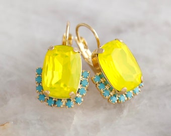 Yellow Neon Earrings, Electric Yellow Earrings, Yellow Blue Crystal Earrings, Gift For Women, Yellow Neon Summer Earrings, Handmade Earrings