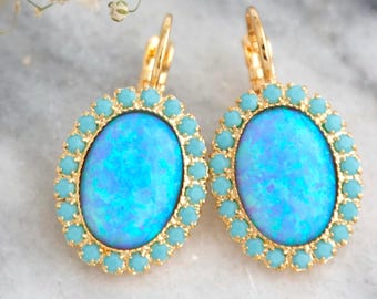 Opal Drop Earrings, Blue Opal Lab Lever Back Earrings, Bridesmaids gifts, Light Blue Embellished Swarovski Crystals Jewelry, Opal Earrings