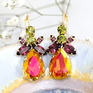 Multi Color Earrings, Orange Green Drop Earrings, Orange Purple Crystal Earrings, Orange Crystal Tropical Earrings, Orange Purple Earrings