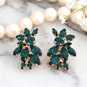 Emerald Earrings, Emerald Green Cluster Earrings, Bridal Emerald Crystal Cluster Stud Earrings, Bridesmaids Earrings, Emerald Earrings