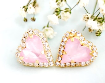 Valentine Heart Stud Earrings, Bridal Powder Pink Earrings, Heart Earrings, Valentine Gift For Her, Crystal Heart Earrings, Pink Studs