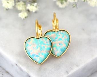 Opal Earrings, Opal Green Drop Earrings, Heart Earrings, Gift For Her, Opal Drop Earrings, Mint Opal Heart Gold Earrings, Heart Jewelry