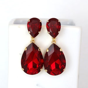 Red Statement Long Earrings, Crimson Red Chandelier Earrings,  Red Ruby Crystal Earrings, Red Crystal Oversize Drop Chandelier Earrings.