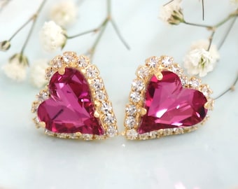 Heart Earrings, Bridal Dark Pink Earrings, Rose Stud Earrings, Valentine Gift For Her, Crystal Heart Earrings, Fuchsia Studs