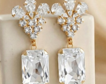 Bridal Oversized Crystal Chandeliers, Bridal Clear Crystal Long Earrings, Statement Crystal  Earrings, Emerald Cut Crystal Wedding Earrings