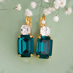 Emerald Green Crystal Earrings, Dark Green Drop Earrings, Bridal Dark Green Earrings, Octagon Earrings, Bridesmaids Earrings, Green Earrings