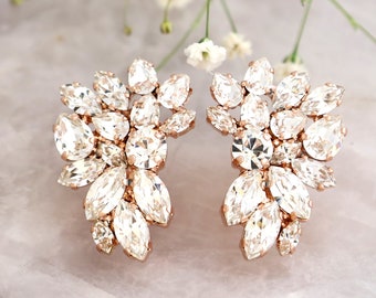 Bridal Earrings, Clear Crystal Bridal Earrings, Bridal Cluster Climbing Earrings, Crystal Stud Earrings, Bridal Rose Gold Stud Earrings