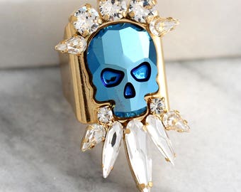 Skull Ring, Skull Punk Ring, Cocktail Ring, Gothic Ring, Sugar Skull Ring, Bridal Ring, Adjustable Skull Crystal Ring, Gift For Woman.