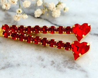 Bridal Hair Pin, Red Bridal Crystal Bobby Pin, Red Ruby Wedding Hair Jewelry, Heart Hair Pins, Valentines Gift For Her, Heart Jewelry