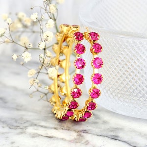 Hoop Earrings, Oversize Hoop Earrings, Pink Gold Earrings, Pink Fuchsia Earrings, Hot Pink Crystal Earrings, Large Hoop Crystal Earrings