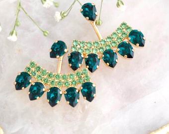 Green Ear Jacket Earring, Emerald Green Ear Jacket Earrings, Back Front Earrings For Brides, Emerald Green Crystal Earrings, Gift For Her