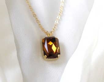 Browne Crystal Necklace, Brown Smoky Quartz Gold Or Silver Necklace, Brown Emerlad Cut Crytsal Necklace,  Gift for her, Handmade Gift