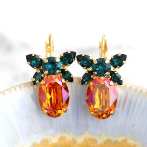 Orange Tropfen Ohrringe, Orange Grün Tropfen Kristall Ohrringe, Brautjungfern Ohrringe, Orange Grün Brisur Kristall Ohrringe, Geschenk für Sie.