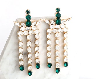 Emerald Crystal LONG Earrings, Oversize Crystal Chandelier Earrings, Bridal Chandelier Earrings, Emerald Green Chandelier Statement Earrings