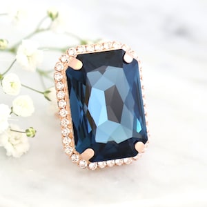 Blue Navy Statement Ring, Cocktail Crystal Blue Ring, Statement Gold Crystal Blue Navy Ring, Adjustable Cocktail Ring, Statement Gold Ring.