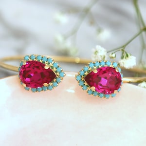 Pink Gold Bracelet, Fuchsia Pink Cuff Bracelet, Hot Pink Crystal Cuff Bracelet, Christmas Gift For Her, Pink Turquoise Crystal Bracelets,